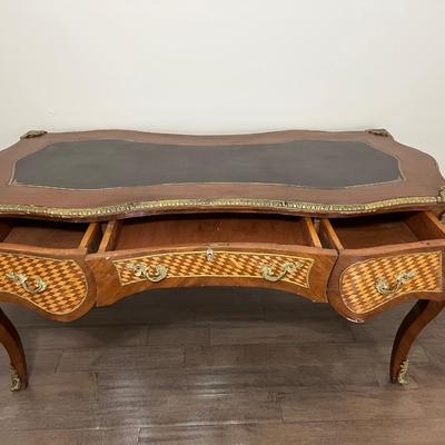 Vintage Oversized Inlaid Wood & Brass Writers Desk &  Chair *Read Details