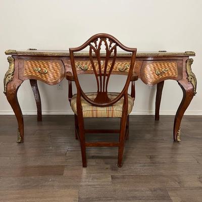 Vintage Oversized Inlaid Wood & Brass Writers Desk &  Chair *Read Details