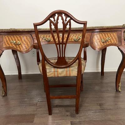 Vintage Oversized Inlaid Wood & Brass Writers Desk &  Chair *Read Details
