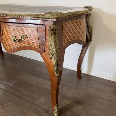 Vintage Oversized Inlaid Wood & Brass Writers Desk &  Chair *Read Details
