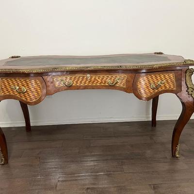 Vintage Oversized Inlaid Wood & Brass Writers Desk &  Chair *Read Details