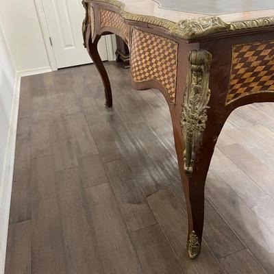 Vintage Oversized Inlaid Wood & Brass Writers Desk &  Chair *Read Details
