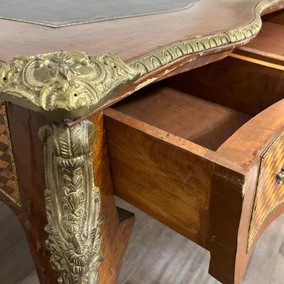 Vintage Oversized Inlaid Wood & Brass Writers Desk &  Chair *Read Details