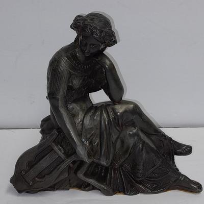 Cast Metal Art Nouveau Figurine of Muse with Harp circa 1920s