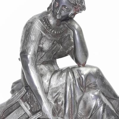 Cast Metal Art Nouveau Figurine of Muse with Harp circa 1920s