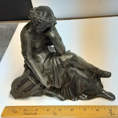 Cast Metal Art Nouveau Figurine of Muse with Harp circa 1920s