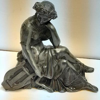 Cast Metal Art Nouveau Figurine of Muse with Harp circa 1920s