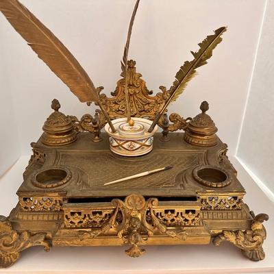 Antique Ornate Brass Ink Well