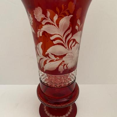 Large Bohemian Ruby Flash Cut Glass Vase