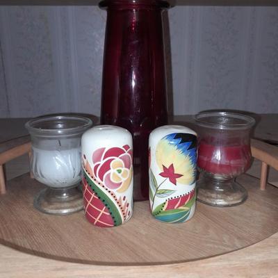 Wooden Lazy Susan with salt & pepper shakers, Black and decker jar opener and more