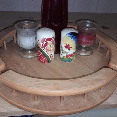 Wooden Lazy Susan with salt & pepper shakers, Black and decker jar opener and more