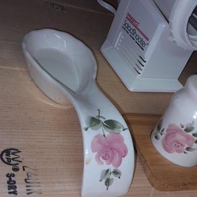 Salad spinner, matching salt, pepper, and spoon rest with other Kitchenware