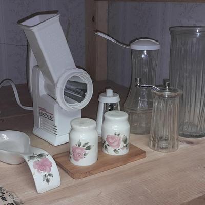 Salad spinner, matching salt, pepper, and spoon rest with other Kitchenware