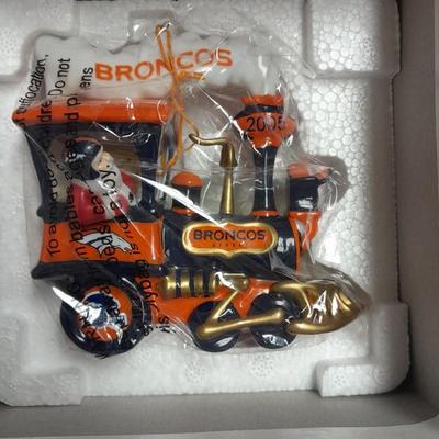 Denver Bronco's Danbury mint Bell and Bronco's Train ornaments with hat pin