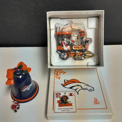 Denver Bronco's Danbury mint Bell and Bronco's Train ornaments with hat pin