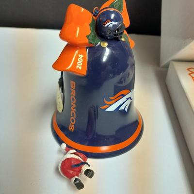 Denver Bronco's Danbury mint Bell and Bronco's Train ornaments with hat pin