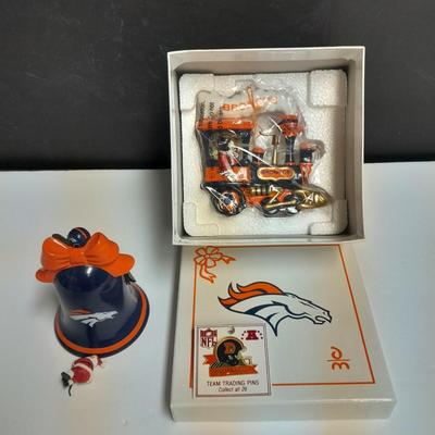 Denver Bronco's Danbury mint Bell and Bronco's Train ornaments with hat pin