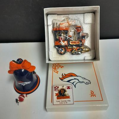 Denver Bronco's Danbury mint Bell and Bronco's Train ornaments with hat pin