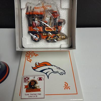 Denver Bronco's Danbury mint Bell and Bronco's Train ornaments with hat pin