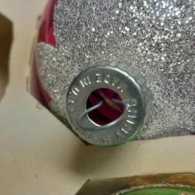 Vintage Shiny Brite Christmas Ornaments Made in USA Glittery with designs.