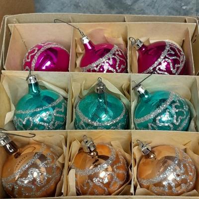 Vintage Shiny Brite Christmas Ornaments Made in USA Glittery with designs.