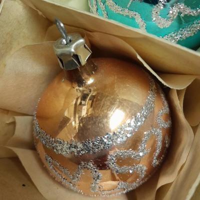 Vintage Shiny Brite Christmas Ornaments Made in USA Glittery with designs.