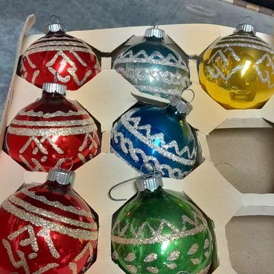 Vintage Shiny Brite Christmas Ornaments Made in USA Glittery with designs.