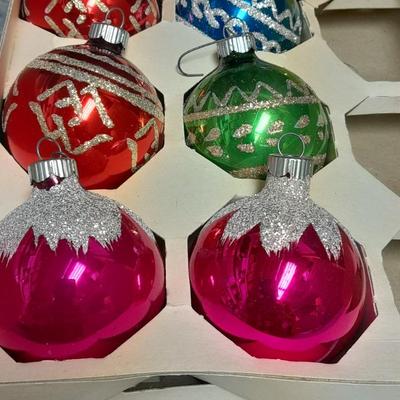 Vintage Shiny Brite Christmas Ornaments Made in USA Glittery with designs.