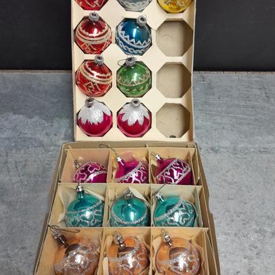 Vintage Shiny Brite Christmas Ornaments Made in USA Glittery with designs.