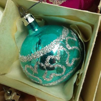Vintage Shiny Brite Christmas Ornaments Made in USA Glittery with designs.