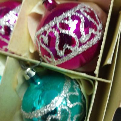 Vintage Shiny Brite Christmas Ornaments Made in USA Glittery with designs.