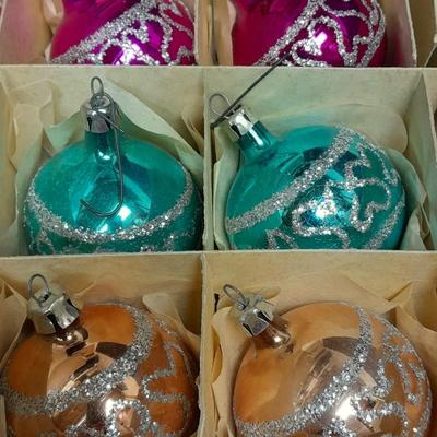 Vintage Shiny Brite Christmas Ornaments Made in USA Glittery with designs.