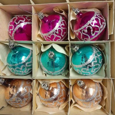 Vintage Shiny Brite Christmas Ornaments Made in USA Glittery with designs.