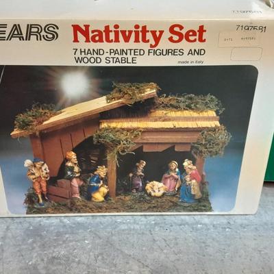 Vintage Sears Nativity set, Santa Light up window decoration, and C9 Christmas lights