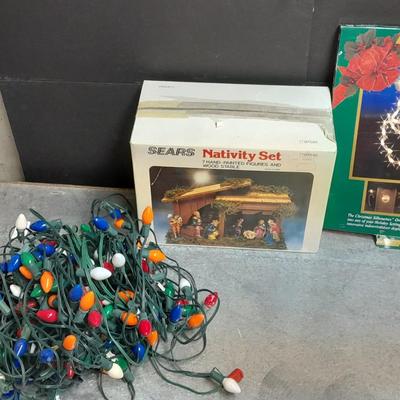 Vintage Sears Nativity set, Santa Light up window decoration, and C9 Christmas lights