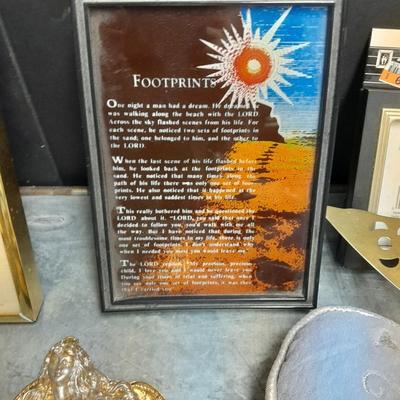 Variety of home decor, Footprints poetry music box and framed art, brass butterflies and more