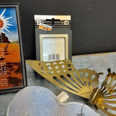 Variety of home decor, Footprints poetry music box and framed art, brass butterflies and more