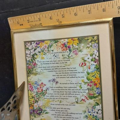Variety of home decor, Footprints poetry music box and framed art, brass butterflies and more