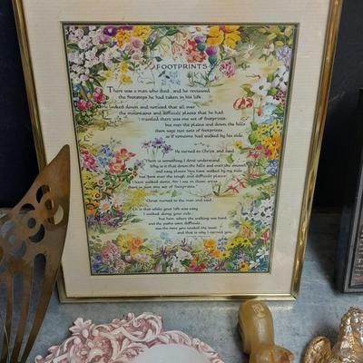 Variety of home decor, Footprints poetry music box and framed art, brass butterflies and more