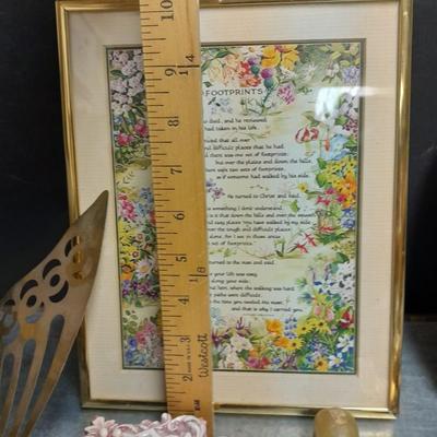 Variety of home decor, Footprints poetry music box and framed art, brass butterflies and more