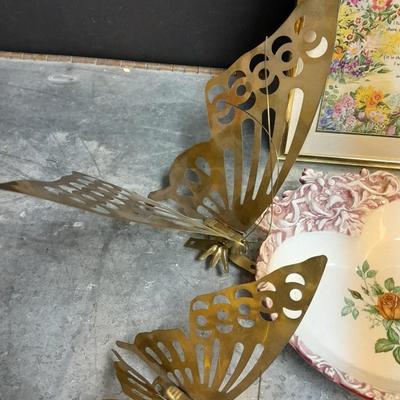 Variety of home decor, Footprints poetry music box and framed art, brass butterflies and more