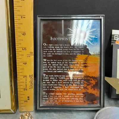 Variety of home decor, Footprints poetry music box and framed art, brass butterflies and more