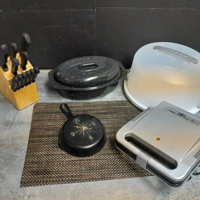 Farberware Knife set in Knife block, Belgian waffle maker, roasting pan, cast iron pan clock and more.