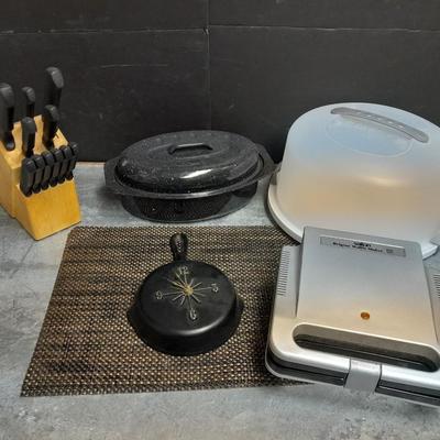 Farberware Knife set in Knife block, Belgian waffle maker, roasting pan, cast iron pan clock and more.