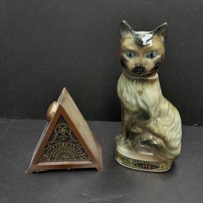 Kentucky Straight Beam's trophy Siamese cat decanter 1960's, with Pocket change bank