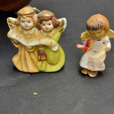 Stone heart trinket box with inlayed design, Wood corner shelf and vintage Angel collection