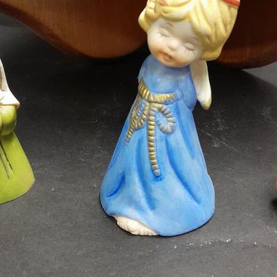 Stone heart trinket box with inlayed design, Wood corner shelf and vintage Angel collection