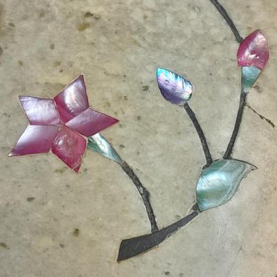 Stone heart trinket box with inlayed design, Wood corner shelf and vintage Angel collection