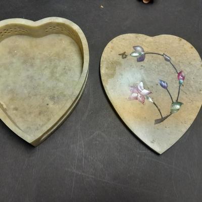 Stone heart trinket box with inlayed design, Wood corner shelf and vintage Angel collection