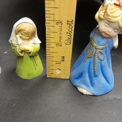 Stone heart trinket box with inlayed design, Wood corner shelf and vintage Angel collection